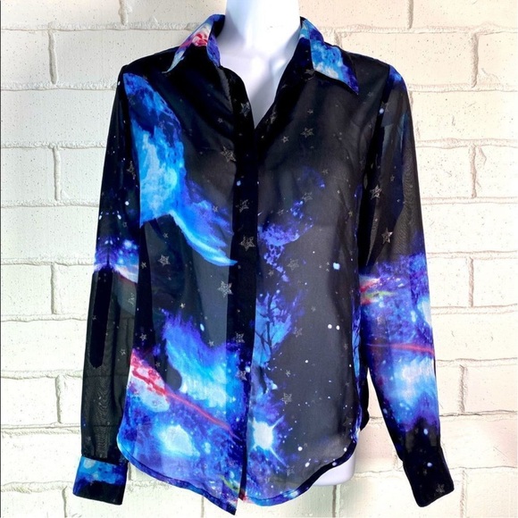 Truth NYC Women's Button Down Galaxy Shirt - Black and Purple - Picture 1 of 8
